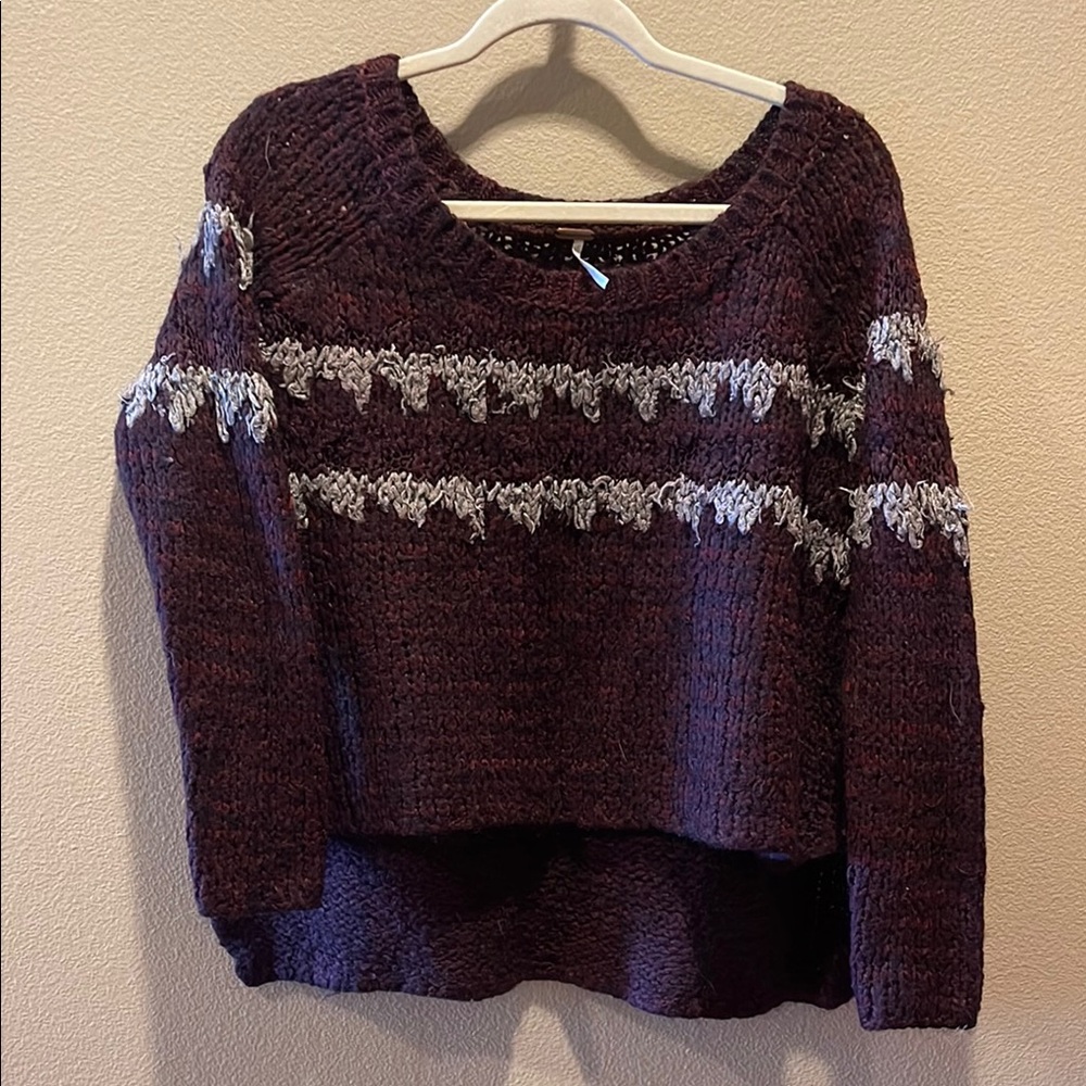 Free People Brown and Gray Crew Neck Sweater Nordic Pattern